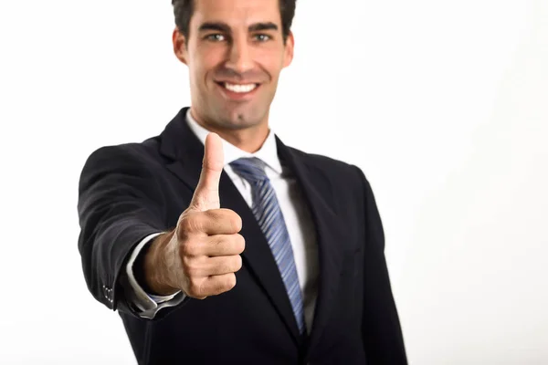 Businessman with thumb up on white background — Stock Photo, Image