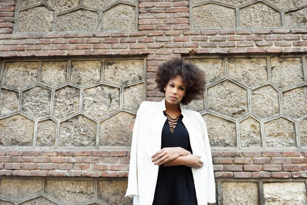 Junge schwarze Frau mit Afro-Frisur steht in urbaner Umgebung — Stockfoto