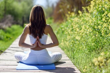 Doğada yoga yaparken genç güzel kadın