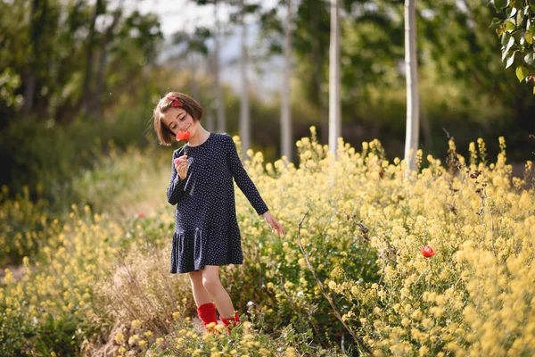 Little girl walking in nature field wearing beautiful dress — Stock Photo, Image