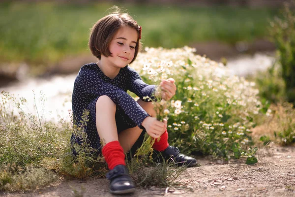 Little girl sitting in nature field wearing beautiful dress — Stock Photo, Image