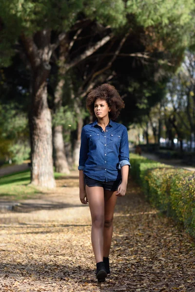 Jovem mulher negra com penteado afro andando no parque urbano — Fotografia de Stock