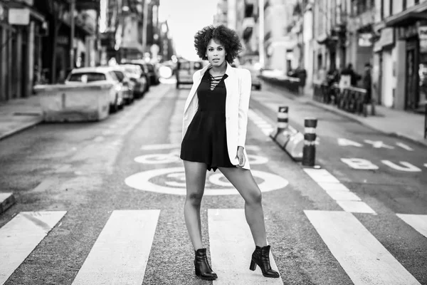 도시 backgrou 서 있는 헤어스타일 헤어스타일으로 젊은 흑인 여성 — 스톡 사진