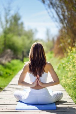 Doğada yoga yaparken genç güzel kadın
