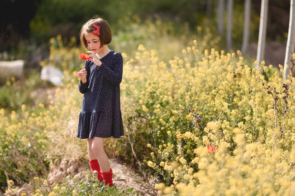 Bambina che cammina nel campo della natura indossando un bel vestito — Foto Stock