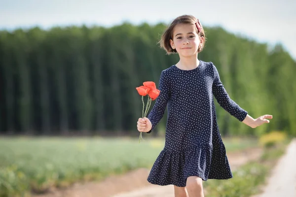 Bambina che cammina nel campo della natura indossando un bel vestito — Foto Stock