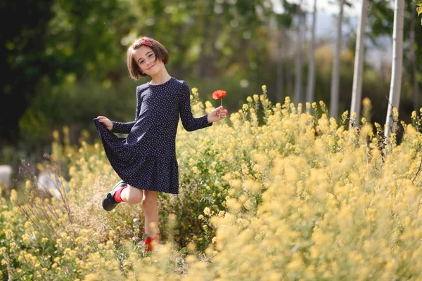 Mała dziewczynka spaceru w natura pole sobie piękne sukienka — Zdjęcie stockowe