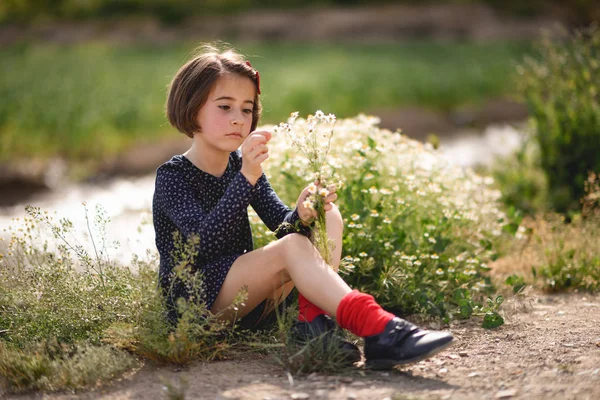 Menina sentada no campo da natureza usando vestido bonito — Fotografia de Stock