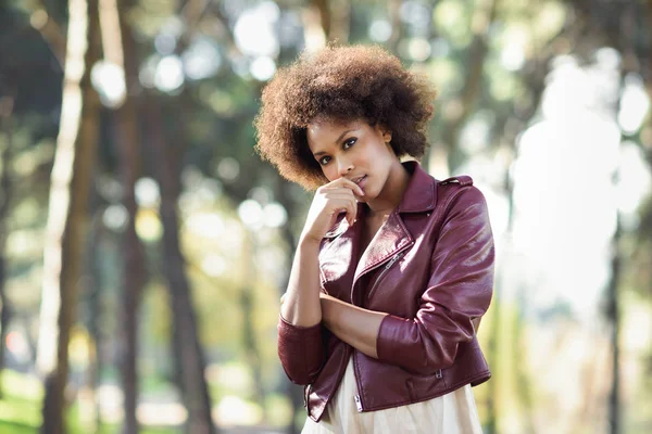 Jovem mulher negra com penteado afro em pé no backgrou urbano — Fotografia de Stock