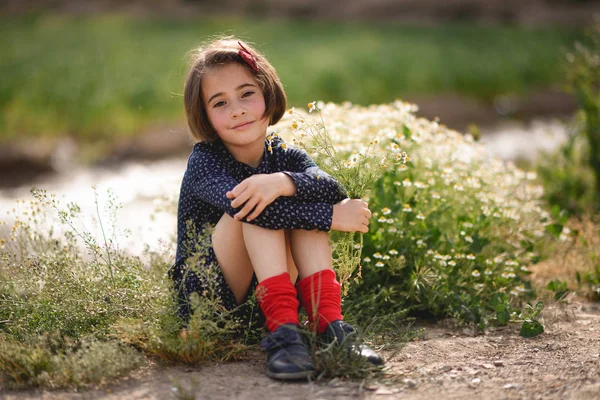 Little girl sitting in nature field wearing beautiful dress — Stock Photo, Image