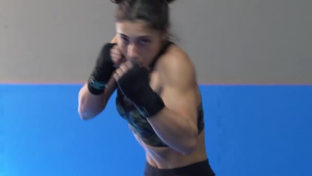 Mujer profesional está practicando boxeo en la sombra — Vídeo de stock