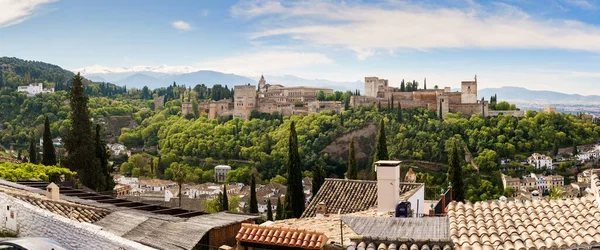 Granada, İspanya, 23RD Nisan, 2020 Albaisin 'den Alhamabra' nın panoramik manzarası boş