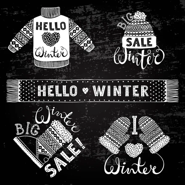 Definir desenhos de malha roupas de lã e calçado. Camisola, chapéu, mitene, bota, cachecol, letras. Conceito de compras de venda de inverno para projetar banners, preço ou etiqueta . — Vetor de Stock