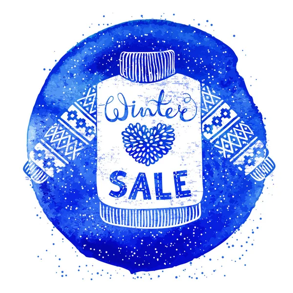 Winter Special banner or label with knitted woolen sweater on watercolor background. Business seasonal shopping concept sale.