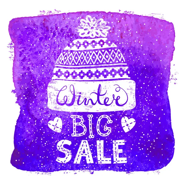 Winter Special banner or label with a knitted woolen cap on watercolor background. Business seasonal shopping concept big sale.