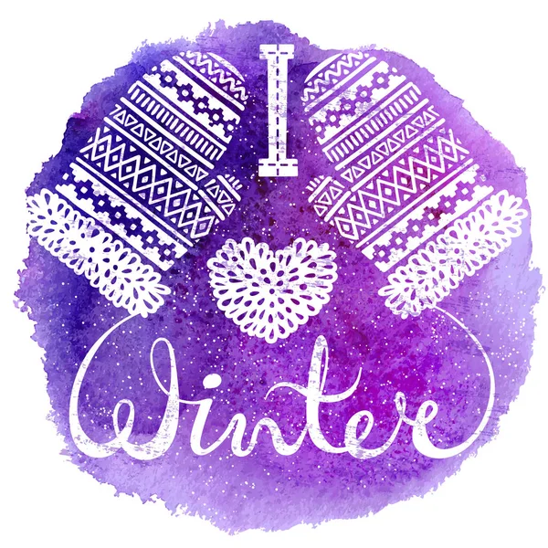 I love winter text and knitted woolen mittens heart on watercolor background. Seasonal shopping concept design for the banner or label. — Stock Vector
