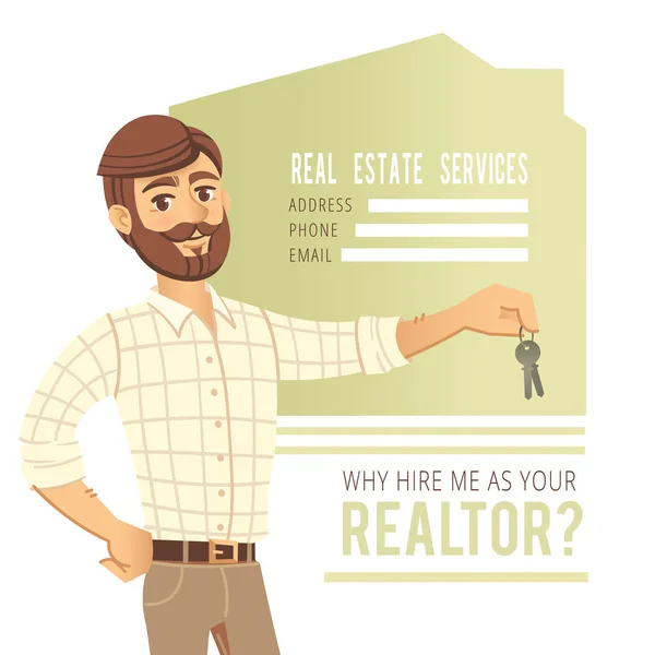 The concept of real estate services. Agent showing a house. Character male with the keys in his hands. For the design business cards, banners and advertising. — Stock Vector