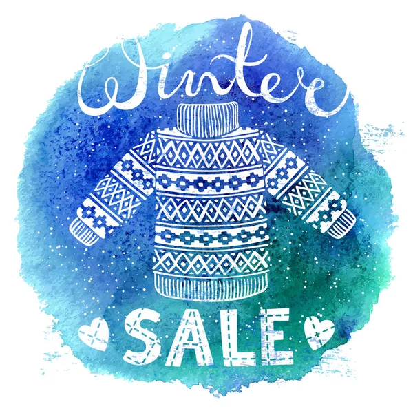 Banner especial de inverno, etiqueta com pulôver de lã de malha ou suéter no fundo aquarela. Negócio sazonal de compras conceito venda . — Vetor de Stock