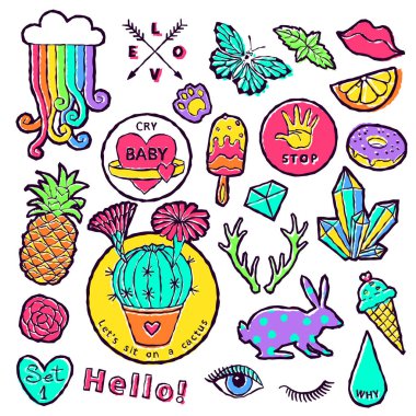 80 'ler-90' lar çizgi filminde moda rozet elemanları. Modern trend doodle pop sanat skeçini ayarla.