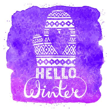 Yazı ve suluboya arka plan üzerinde kalp ile yün mitten örme kış metin fırça Merhaba. Konsept tasarımı banner veya etiket için alışveriş mevsimsel.