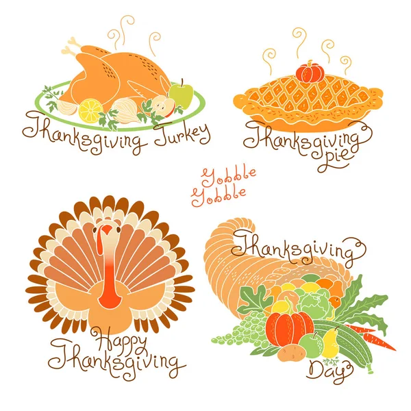 Uppsättning färg ritningar att Thanksgiving Day. Höstens skörd, traditionella semester måltid, Turkiet, pumpa paj, ymnighetshorn med frukt och grönsaker. — Stock vektor