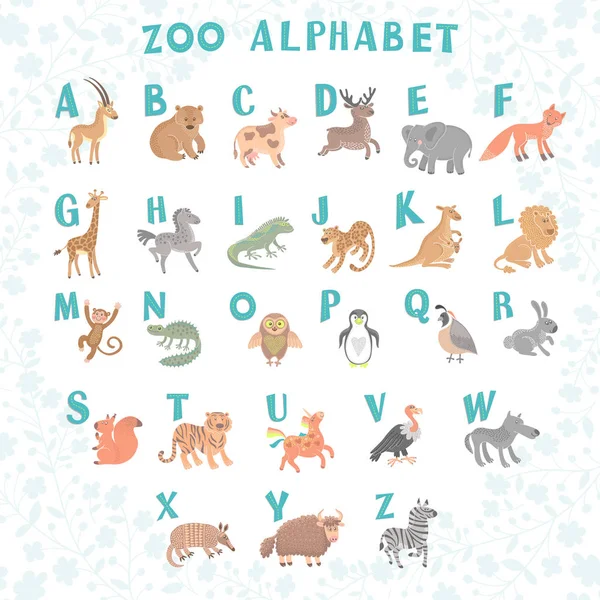 귀여운 벡터 동물원 알파벳입니다. 재미 있는 만화 동물입니다. 편지입니다. 읽고 배워야. — 스톡 벡터