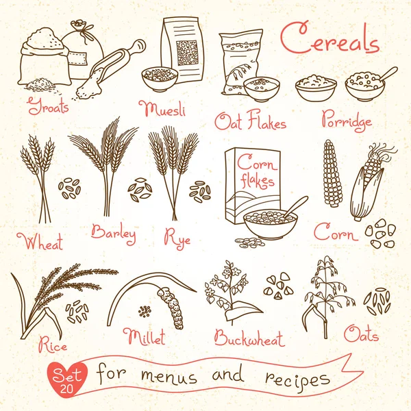 Definir desenhos de cereais para menus de design, receitas e embalagem. Flocos, grumos, mingau de cereal, muesli, flocos de milho, aveia, centeio, trigo, cevada, painço, trigo mourisco, arroz, milho — Vetor de Stock