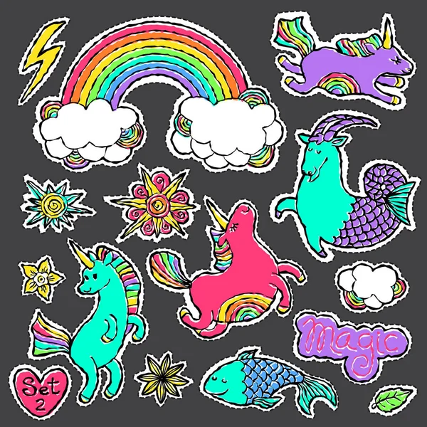 Elementos de emblema de patch de moda no estilo cômico dos desenhos animados dos anos 80-90. Definir tendência moderna doodle pop arte esboço . — Vetor de Stock