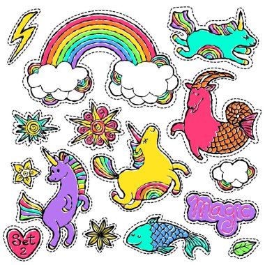 80 'ler-90' lar çizgi filminde moda rozet elemanları. Modern trend doodle pop sanat skeçini ayarla.