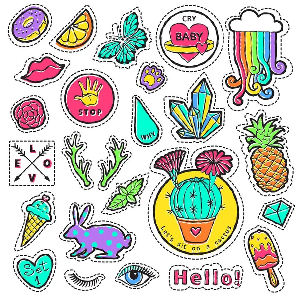 Elementos de emblema de patch de moda no estilo cômico dos desenhos animados dos anos 80-90. Definir tendência moderna doodle pop arte esboço . — Vetor de Stock