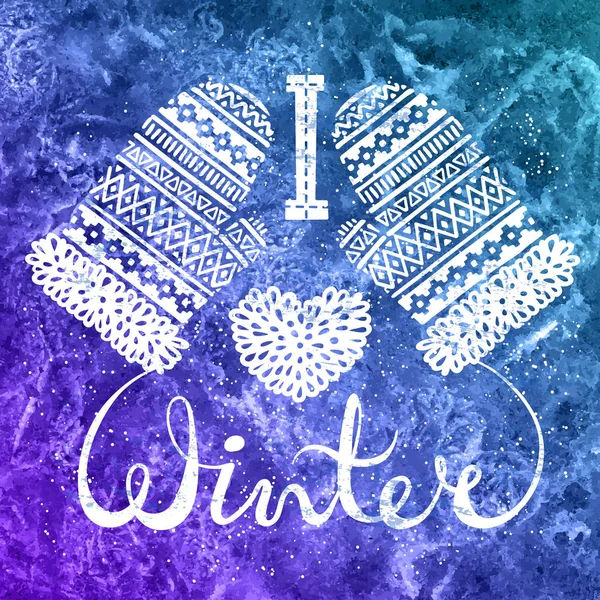 Kış metin seviyorum ve örme yün eldiven kalp suluboya arka plan üzerinde. Konsept tasarımı banner veya etiket için alışveriş mevsimsel. — Stok Vektör