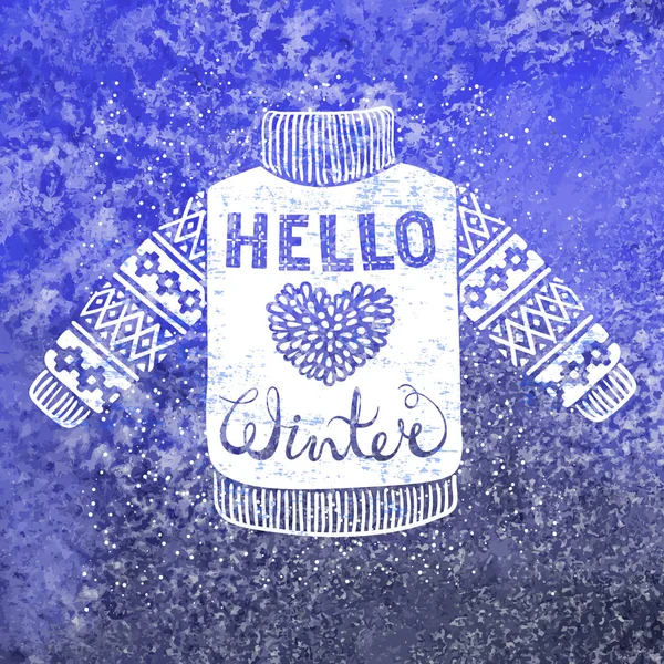Hola texto de invierno y jersey de lana de punto con un corazón. Diseño de concepto de compra estacional para el banner o la etiqueta . — Vector de stock