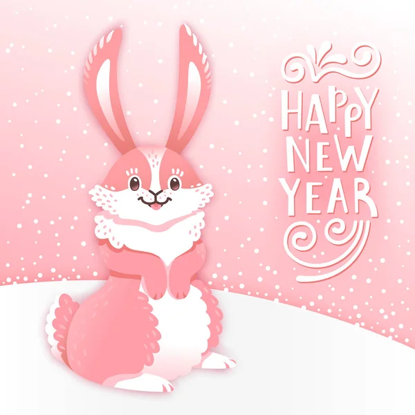 Cartão Feliz Ano Novo com coelho dos desenhos animados. Coelhinho engraçado. Lebre bonito, neve e texto de saudação. Ilustração vetorial — Vetor de Stock