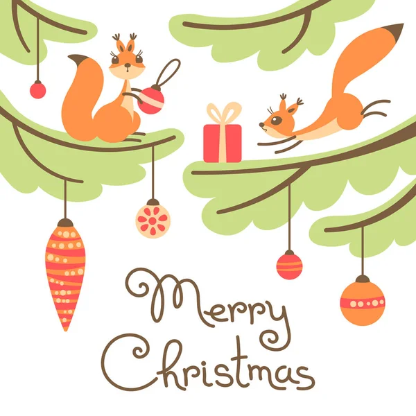 Vrolijk kerstfeest. Schattige kleine eekhoorns met gift op bomen. — Stockvector
