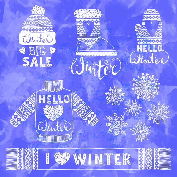 Set drawings knitted woolen clothing and footwear. Sweater, hat, mitten, boot, scarf with patterns, snowflakes. Winter sale shopping concept to design banners, price or label. — Stock Vector