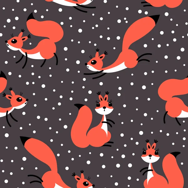 Μικρό χαριτωμένο σκίουροι υπό συνθήκες χιονόπτωσης. Απρόσκοπτη χειμώνα μοτίβο για συσκευασία δώρου, ταπετσαρία, παιδικό δωμάτιο ή ρούχα. — Διανυσματικό Αρχείο