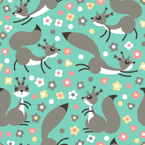 Little cute squirrels on flowers meadow. Seamless spring or summer pattern for gift wrapping, wallpaper, childrens room, clothing. — Stock Vector