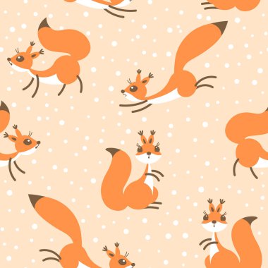 Kar yağışı altında küçük sevimli sincap. Sorunsuz kış desen hediye sarma, duvar kağıdı, Çocuk Oda veya giyim.