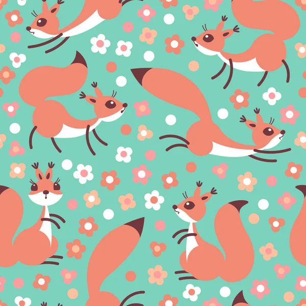 Little cute squirrels on flowers meadow. Seamless spring or summer pattern for gift wrapping, wallpaper, childrens room, clothing. — Stock Vector