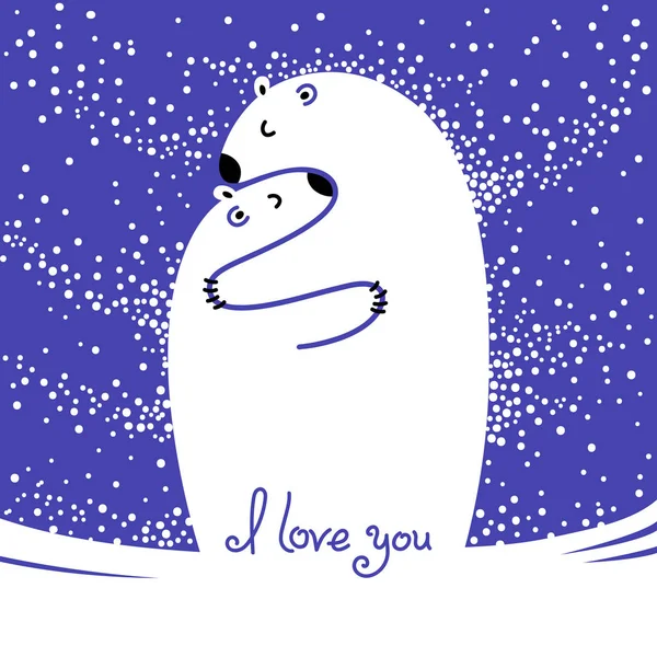 Deux ours polaires se serrent dans leurs bras. Carte de vœux avec l'inscription Je t'aime . — Image vectorielle