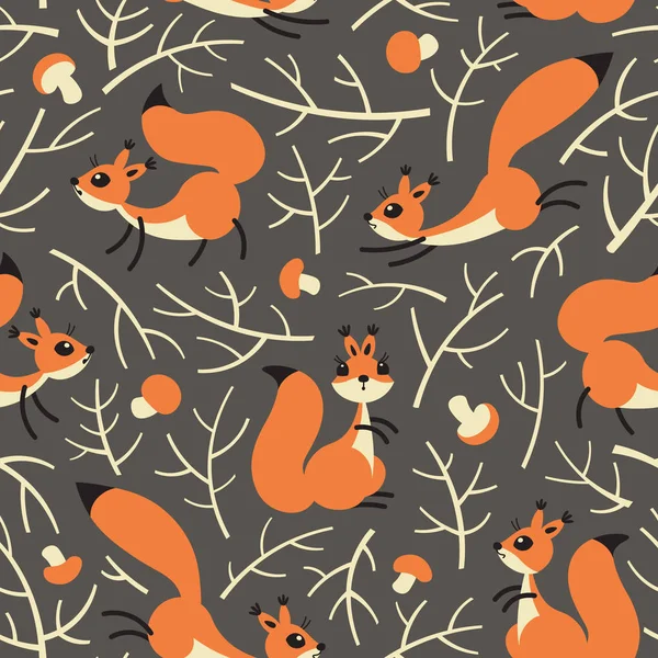 Little cute squirrels in the fall forest. Seamless autumn pattern for gift wrapping, wallpaper, childrens room or clothing. — Stock Vector