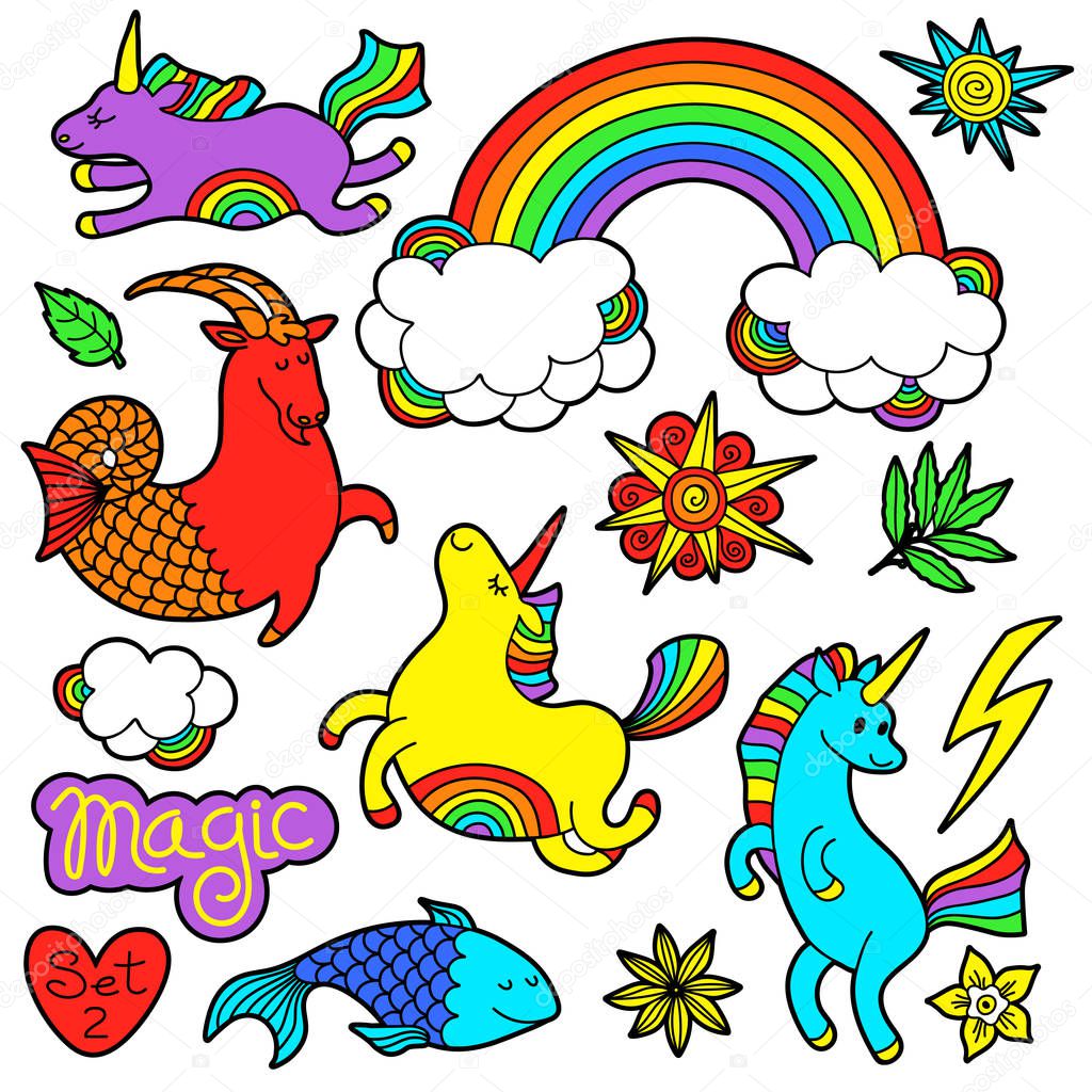 Fashion patch badge elements in cartoon 80s-90s comic style. Set modern trend doodle pop art sketch.