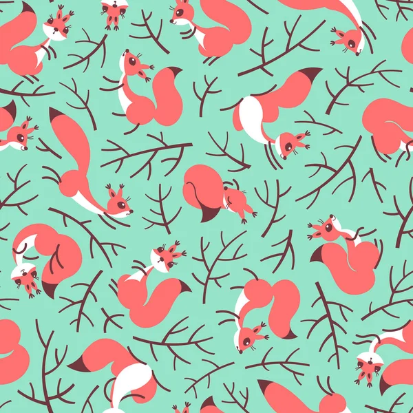Scurry of Squirrels on the branches. Seamless summer pattern for gift wrapping, wallpaper, childrens room or clothing — Stock Vector