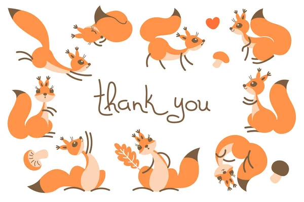 Přání s poděkováním s roztomilé veverky. — Stockový vektor