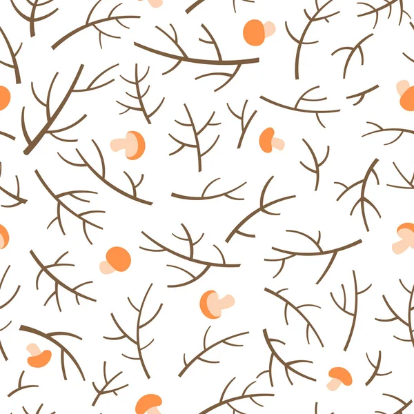 Nahtloses Muster mit Ästen und Pilzen auf weißem Hintergrund. — Stockvektor