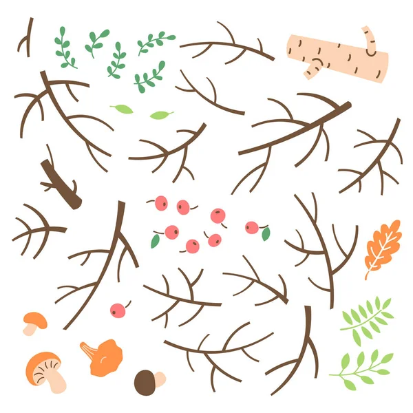 Ensemble de branches, brindilles, bâtons dessinés dans un style de dessin animé simple — Image vectorielle