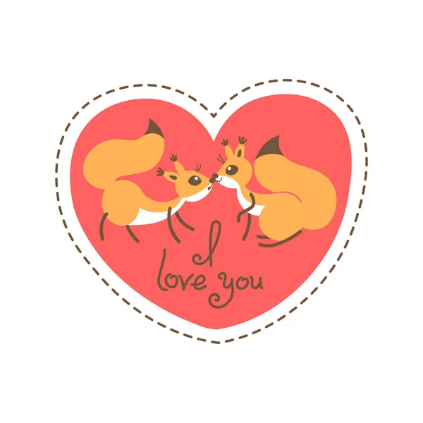 Karte glücklichen Valentinstag. Valentinsherz in Form von Eichhörnchen, Kuss und Liebeserklärung. Vektorillustration — Stockvektor