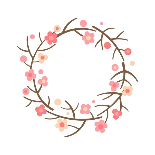 Corona decorativa de primavera. Marco de ramas florecientes de sakura y cerezo . — Vector de stock