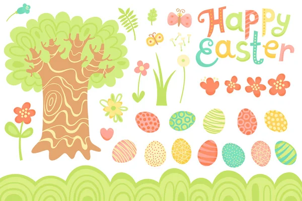 Set of Festive Decorations for Happy Easter. Congratulatory inscription, painted eggs, large tree, flowers and other elements. — Stock Vector