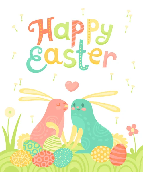 Feliz Pascua postal festiva con conejos pintados huevos en un prado . — Vector de stock